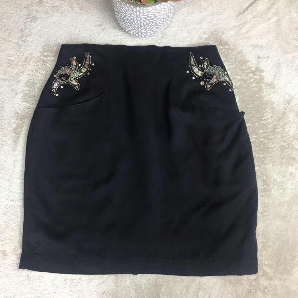 Vintage Black Mini Skirt with Embroidered Accents